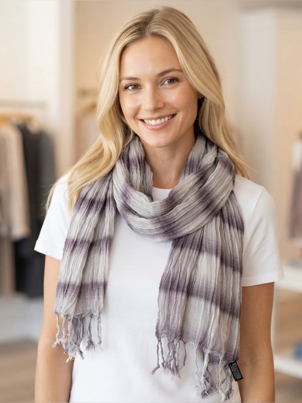 Eddie Bauer scarf - Cream & Lavender plaid light Fringe Scarf - 99% cotton